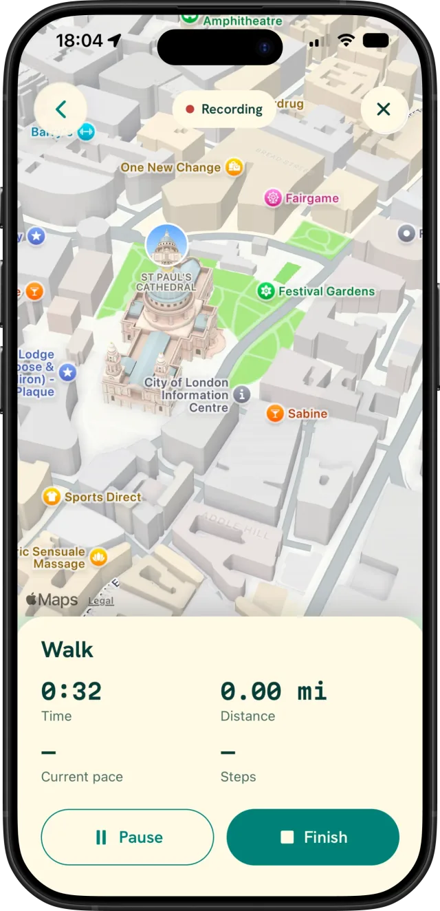 Fawnly recording an outdoor walk with an Apple Maps route, time, distance, pace, and Pause and Finish buttons