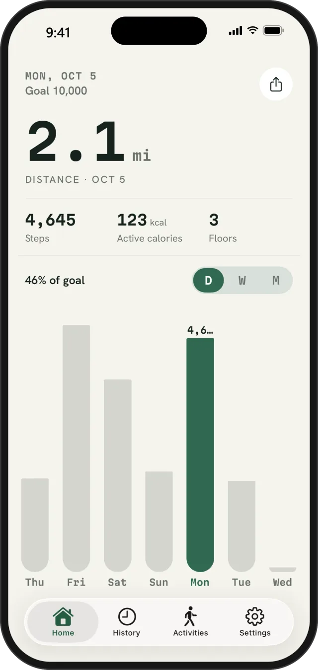 Fawnly Home leading with 2.1 miles of distance, with steps, active calories, and floors below