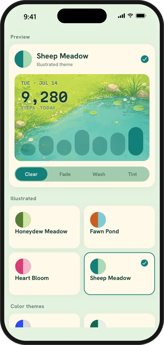 Fawnly theme picker previewing Sheep Meadow with Clear, Fade, Wash, and Tint treatments and other illustrated themes