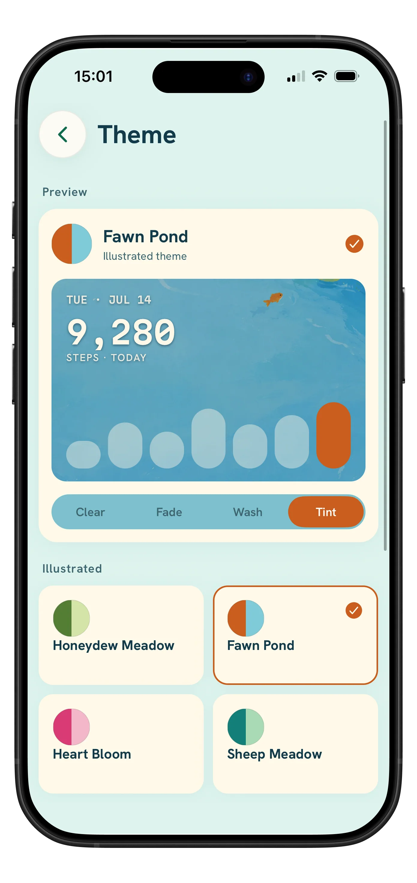 Fawnly theme picker showing Fawn Pond and other illustrated themes
