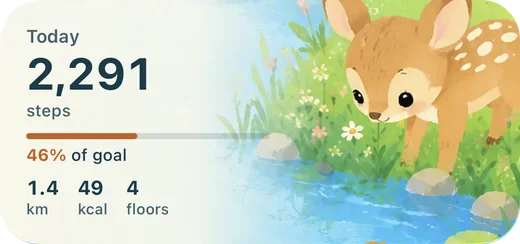 Fawnly medium Home Screen widget in the Fawn Pond theme showing today’s steps, goal progress, distance, calories, and floors