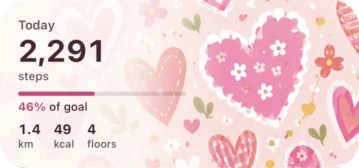 Fawnly medium Home Screen widget in the Heart Bloom theme showing today’s steps, goal progress, distance, calories, and floors