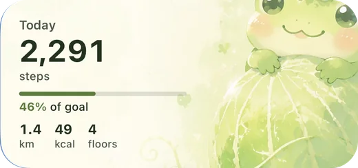 Fawnly medium Home Screen widget in the Honeydew Meadow theme showing today’s steps, goal progress, distance, calories, and floors