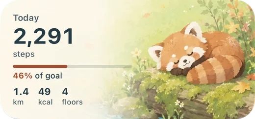Fawnly medium Home Screen widget in the Maple Brook theme showing today’s steps, goal progress, distance, calories, and floors