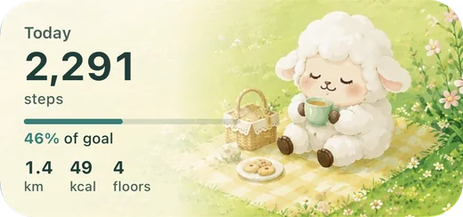 Fawnly medium Home Screen widget in the Sheep Meadow theme showing today’s steps, goal progress, distance, calories, and floors